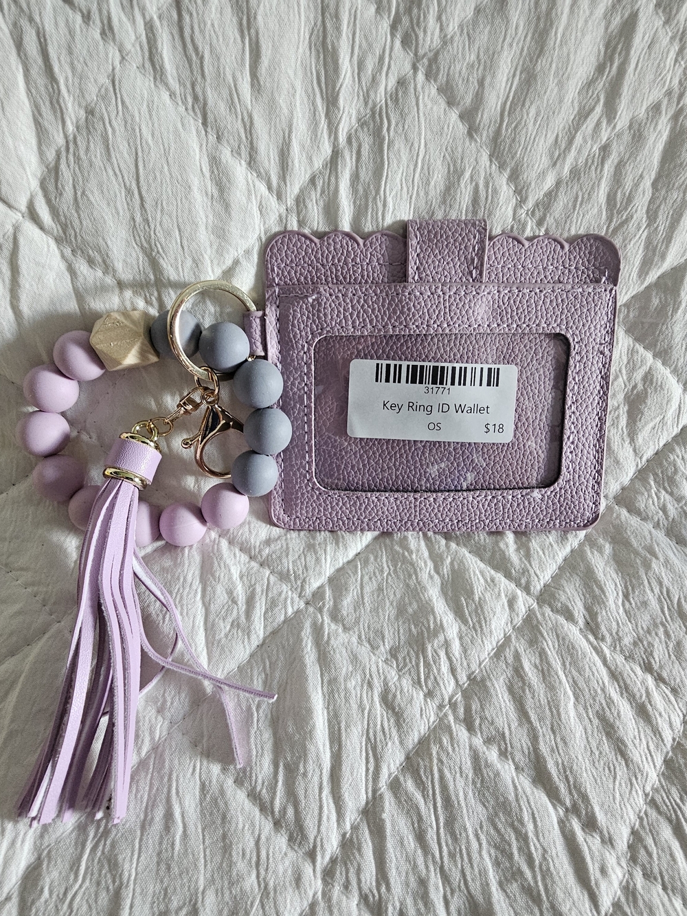 Lilac Card Holder ID Wallet with Beaded Tassel Key Ring